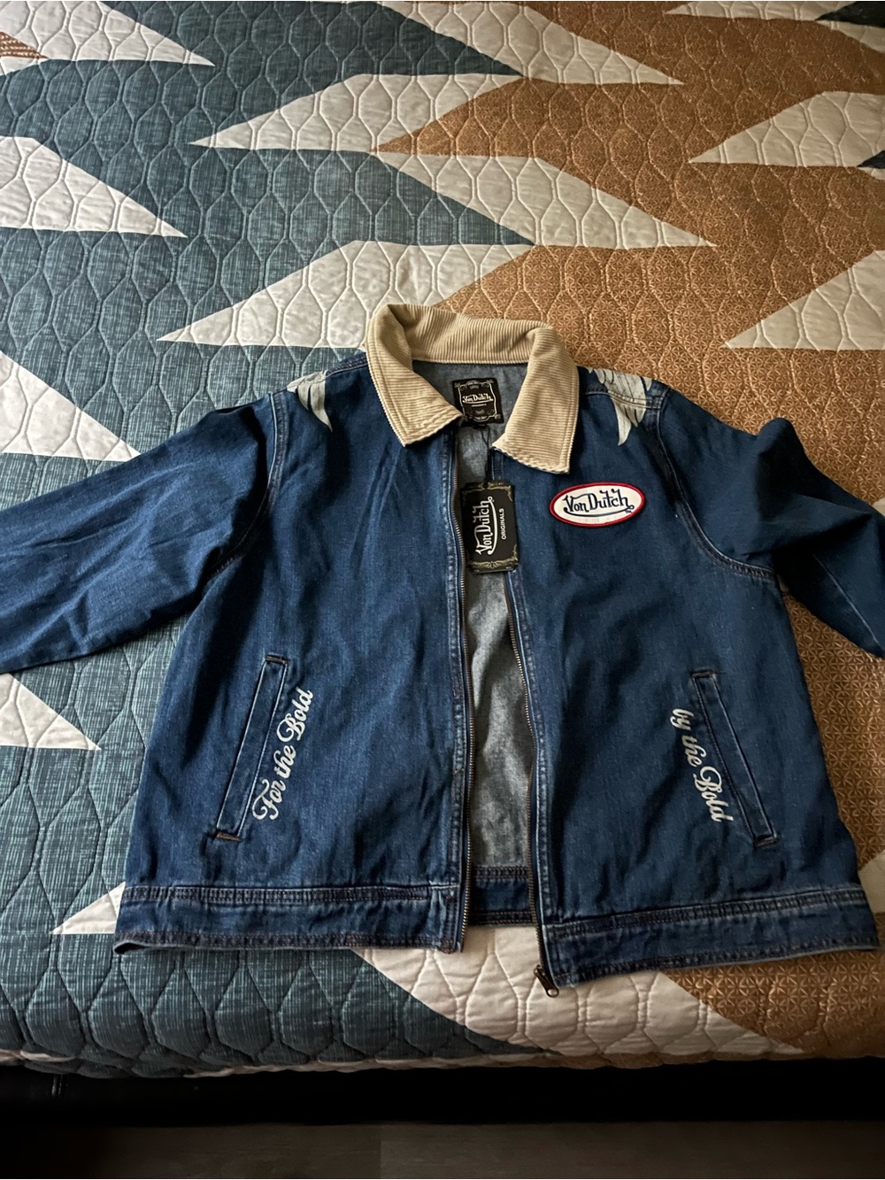 Von Dutch Kids Navy Denim Jacket with Beige Corduroy Collar
